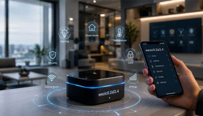 wezic0.2a2.4 model smart home AI hub displayed in a modern living room setup, showing an advanced IoT ecosystem where a central device connects lighting, temperature control, security, energy management, and connectivity through a smartphone interface, representing next-generation intelligent automation and real-time home environment optimization powered by integrated smart technology.