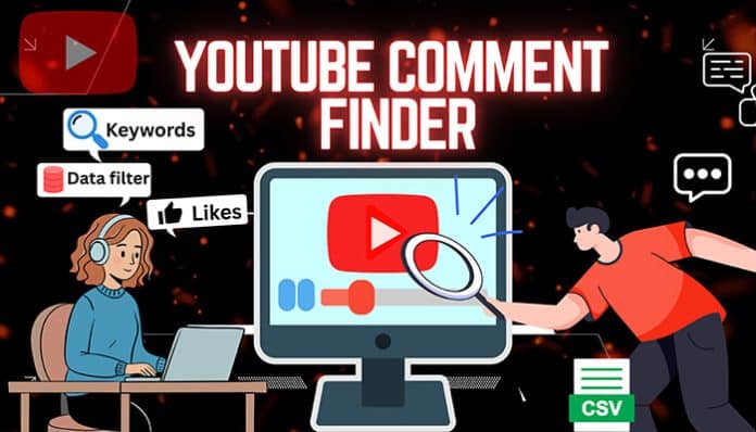 Illustration showing the 'YouTube Comment Finder' tool with a focus on keywords, data filters, likes, and CSV export features, highlighting a person analyzing YouTube comments on a computer screen.