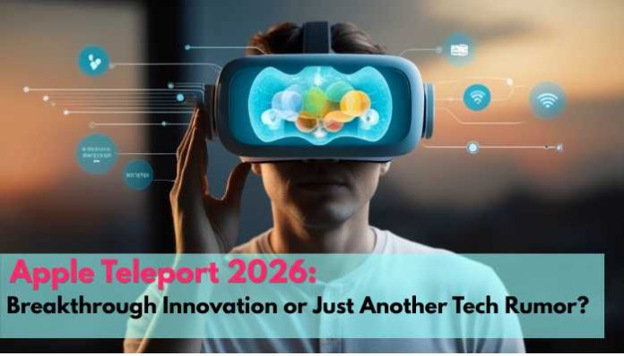 Apple Teleport 2026 concept showing a person wearing a futuristic VR headset with digital icons, representing immersive technology and virtual presence.