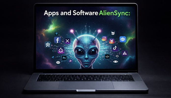 Apps and Software AlienSync dashboard on laptop showing unified app integration and real-time synchronization across multiple digital platforms