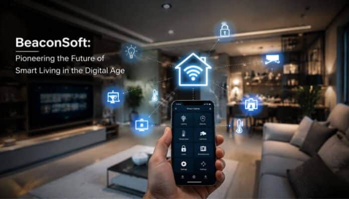 Modern smart home automation interface showing a user controlling connected IoT devices through a mobile app, representing #beaconsoft latest tech info with real-time data synchronization, AI-driven home management, and secure cloud-based smart living ecosystem designed to enhance efficiency, safety, and digital lifestyle integration.