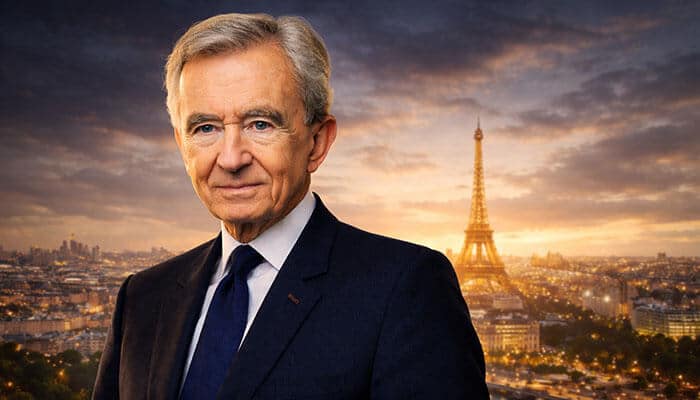 Bernard Arnault - Startupeditor | Startup Editor A portrait of Bernard Arnault, the chairman of LVMH, with the Eiffel Tower in the background, symbolizing his influence in the luxury goods industry. This image represents one of the richest people in the world