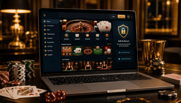 Best Casino Sites Online TopCasinoSites.co safe casino guide showing a laptop with online casino games, chips, cards, and secure gambling features.