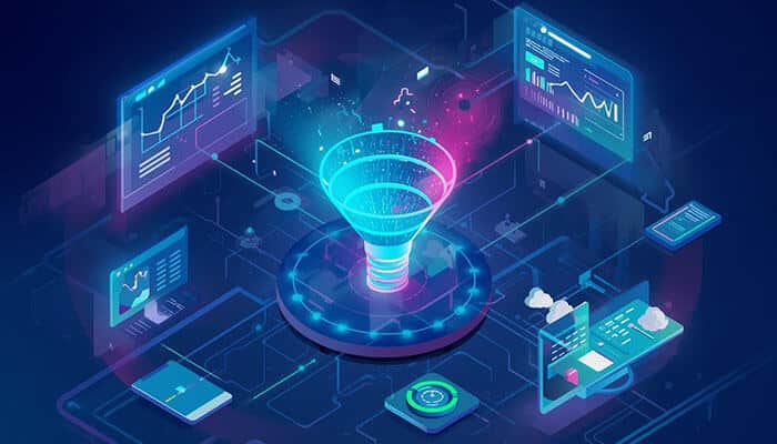 Building Smarter Funnels by Buying the Right Tech Not Building It - Startupeditor | Startup Editor AI Lifecycle Architects concept illustration showing a smart marketing funnel with connected analytics dashboards and automated customer lifecycle data.