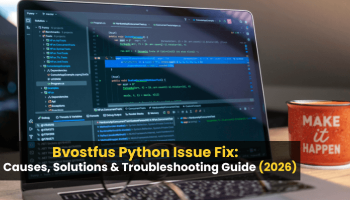Bvostfus Python Issue Fix displayed on a laptop with Python code, debugging tools, and a developer workspace.