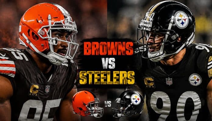 Cleveland Browns vs Pittsburgh Steelers Match Player Stats visual showing intense NFL rivalry matchup featuring Browns and Steelers players face-to-face, representing detailed Cleveland Browns vs Pittsburgh Steelers Match Player Stats analysis including player performance, defensive pressure, offensive strategy, and key game-impacting metrics in AFC North football rivalry.