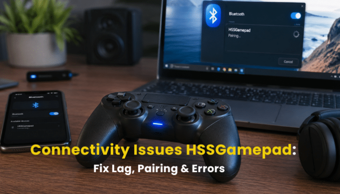 Connectivity Issues HSSGamepad troubleshooting setup showing a wireless controller, Bluetooth pairing screen, and devices for fixing lag and pairing errors.
