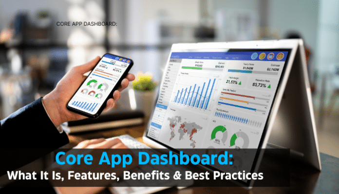 Core App Dashboard displayed on a laptop and smartphone with analytics charts, KPIs, performance data, and business metrics.
