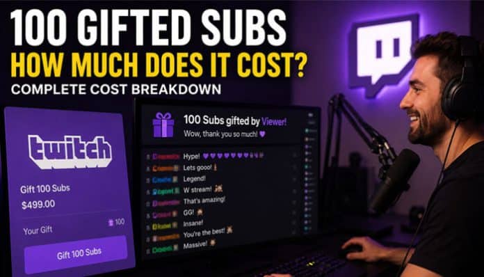 Professional Twitch streamer wearing headset analyzing dashboard showing “100 Gifted Subs” activity, illustrating how much is 100 gifted subs on Twitch with viewer cost of $499 and streamer earnings breakdown, highlighting Twitch monetization system, subscription gifting flow, and real-time community engagement inside a gaming setup with purple Twitch branding.