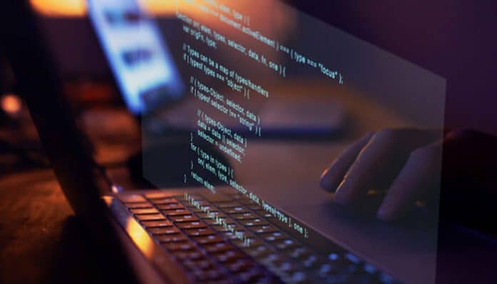 Software developer reviewing Python source code with a magnifying glass while debugging an application, illustrating data softout4.v6 python development, code optimization, error detection, and software testing.