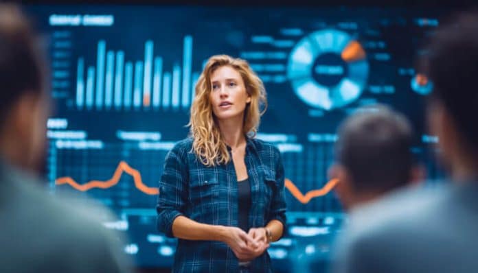 Digital Infusing Aggr8Tech concept showing a business analyst presenting real-time data dashboards, AI-driven analytics, and performance charts in a modern boardroom environment highlighting digital transformation and enterprise decision-making.