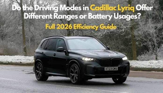 Black SUV on a wet road with snowy trees; 'Do the Driving Modes in Cadillac Lyriq Offer Different Ranges or Battery Usages?' and 'Full 2026 Efficiency Guide'