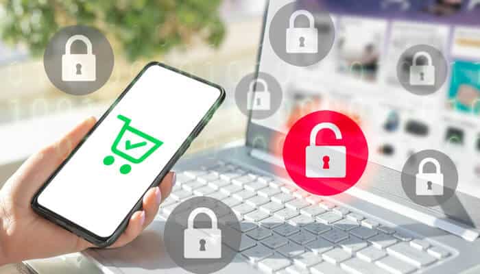 A smartphone with a secure shopping cart icon, with lock symbols around it, representing the importance of Random Password Generators for secure online transactions.