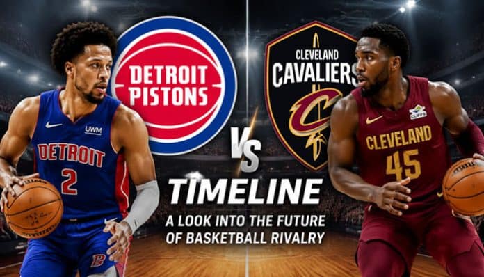 Graphic showing the detroit pistons vs cleveland cavaliers timeline, featuring star players from both teams alongside their logos, highlighting the rivalry matchup and game progression concept between Detroit Pistons and Cleveland Cavaliers.