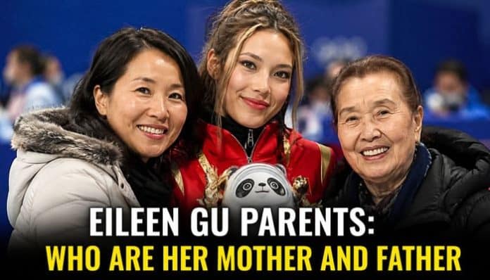 Featured image for Eileen Gu Parents showing a young freestyle skier with her mother and maternal grandmother at a winter sports event.