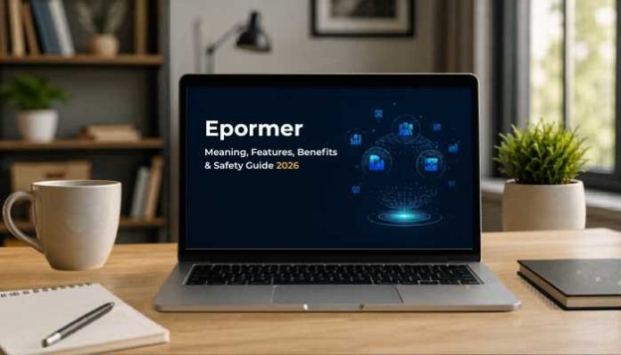 Epormer guide 2026 displayed on a laptop, showing meaning, features, benefits, and safety tips.
