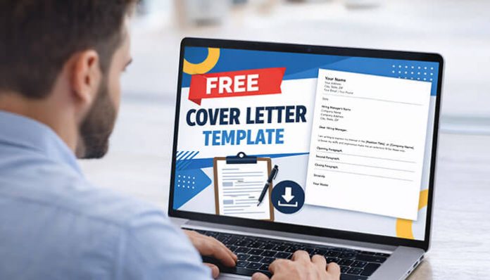 A person using a laptop with a free cover letter template displayed on the screen, showcasing a professional template for job applications.