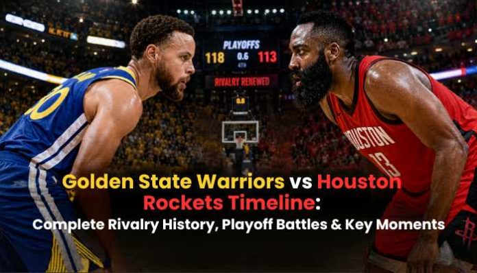 Golden State Warriors vs Houston Rockets Timeline featured image showing two basketball players facing off in a dramatic playoff rivalry scene.