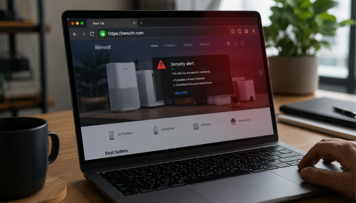 HTTPS Does Not Mean Renvoit com Is Fully Safe | Startup Editor HTTPS Does Not Mean Renvoit com Is Fully Safe, shown on a laptop screen with a padlock icon and security alert warning.