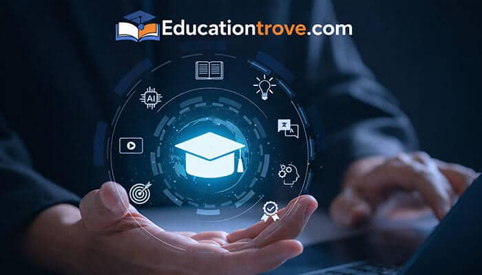 How Educationtrove com Enhances Learning - Startupeditor | Startup Editor An individual interacting with a virtual representation of Educationtrove com, showcasing AI and educational tools for modern learning
