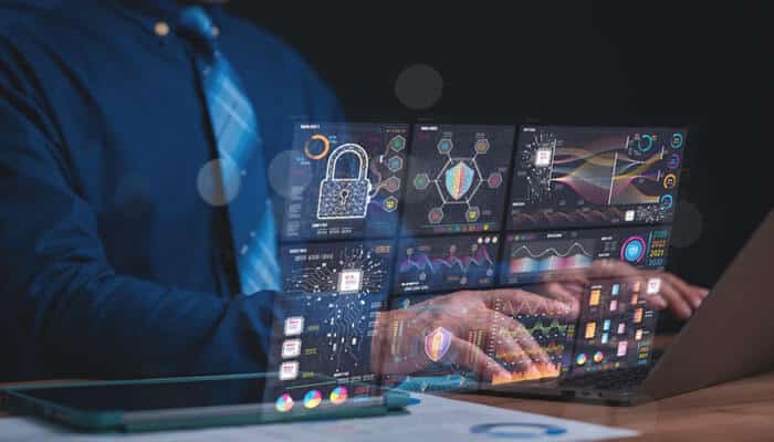 A futuristic display showing data protection with a lock symbol and a Random Password Generator interface on a digital screen