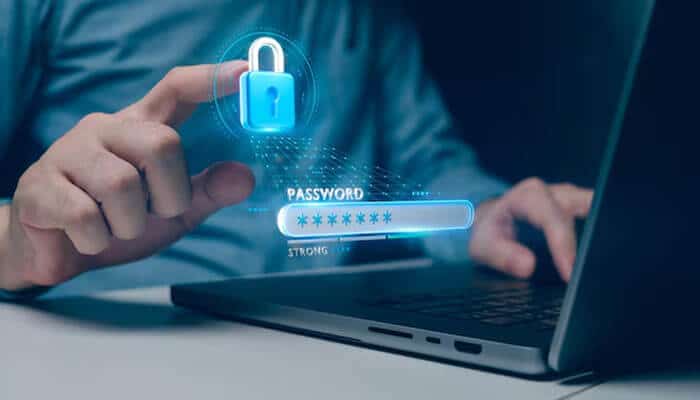 A close-up view of a person selecting a strong password with a Random Password Generator, featuring a lock symbol and a secure password field on the screen