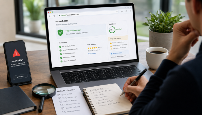 How to Check Renvoit com Before Trusting It | Startup Editor HTTPS Does Not Mean Renvoit com Is Fully Safe, with a laptop showing a website trust check and a phone security alert.
