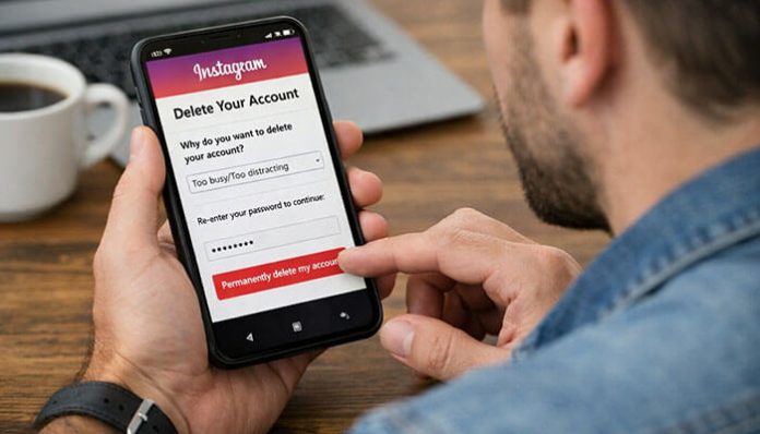 Instagram account deletion process on a mobile phone, showing the steps to permanently delete account with password confirmation
