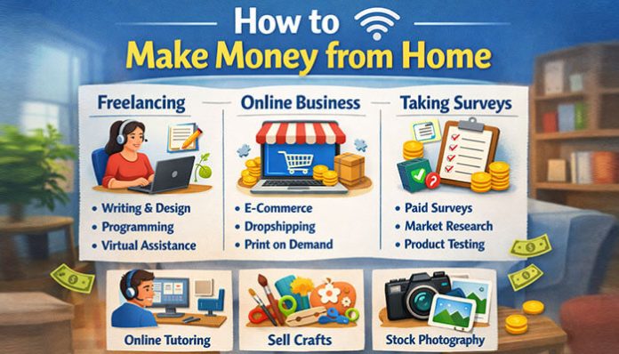 How to make money from home featuring top methods including freelancing, online business, surveys, tutoring, selling crafts, and stock photography