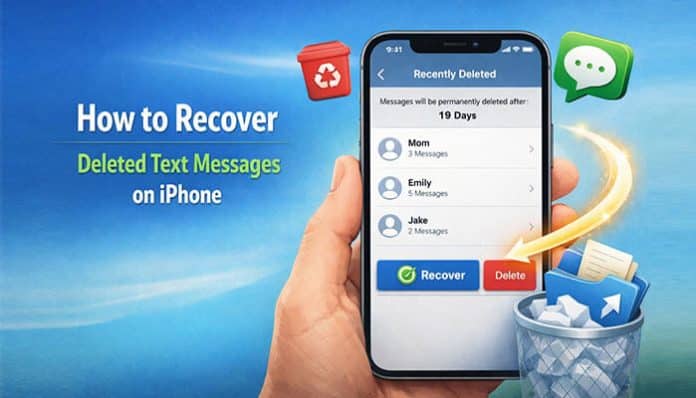 A hand holding an iPhone displaying the How to Recover Deleted Text Messages on iPhone' screen, with the Recently Deleted section shown, and options to recover or delete messages