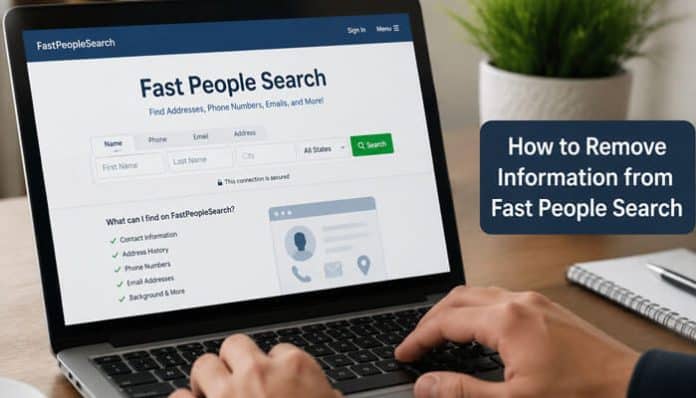 How to Remove Information from Fast People Search showing FastPeopleSearch website interface on laptop with search results page, illustrating public data broker listings, personal information exposure, and step-by-step online opt-out privacy removal process for identity protection and digital footprint control.