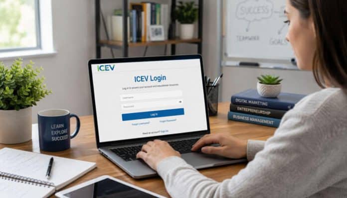 ICEV Login page displayed on a laptop screen with a student accessing the ICEV educational portal, showing secure username and password entry fields, representing online learning platform authentication for career and technical education resources, certifications, and digital classroom management tools.