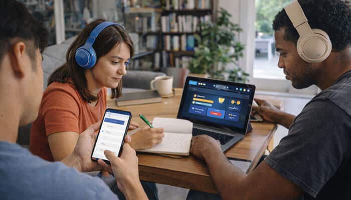 Innovative Learning Techniques - Startupeditor | Startup Editor A group of three people collaborating on a learning platform using different devices, representing Educationtrove.com’s flexible and accessible learning experience