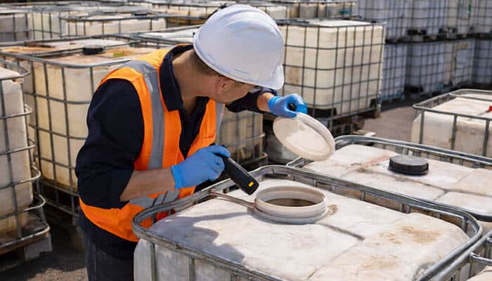 Inspecting Used IBC Totes Properly - Startupeditor | Startup Editor Worker inspecting used IBC totes for sale, checking the top valve and inner container for safety, cleanliness, and reuse suitability.