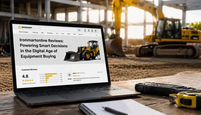 Laptop displaying the ironmartonline reviews platform featuring heavy equipment listings and customer rating insights, set against an active construction site with machinery in the background, illustrating how digital review systems help contractors and buyers evaluate equipment quality, trustworthiness, and purchasing decisions in the modern construction and industrial marketplace.