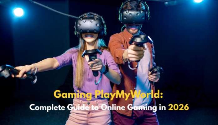 Gaming PlayMyWorld guide showing VR gamers exploring online gaming trends, cloud gaming, and multiplayer gaming in 2026