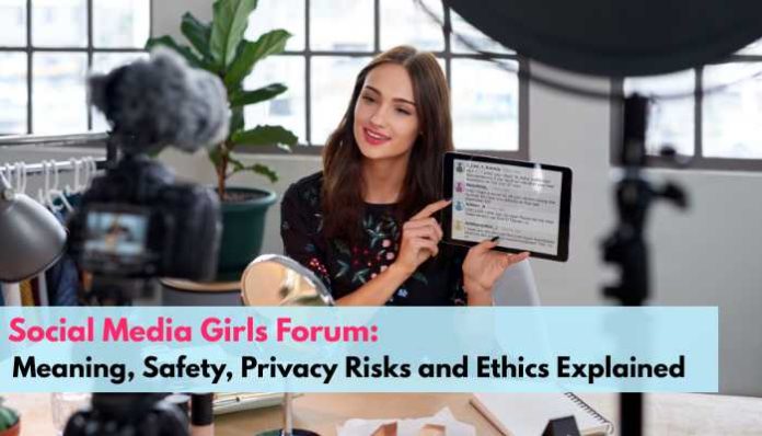 Woman in a studio holds a tablet displaying the topic: 'Social Media Girls Forum: Meaning, Safety, Privacy Risks and Ethics Explained'.