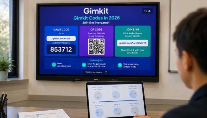 Gimkit Codes in 2026 displayed on a smartboard with game code, QR code, and join link for students to enter a live classroom game.