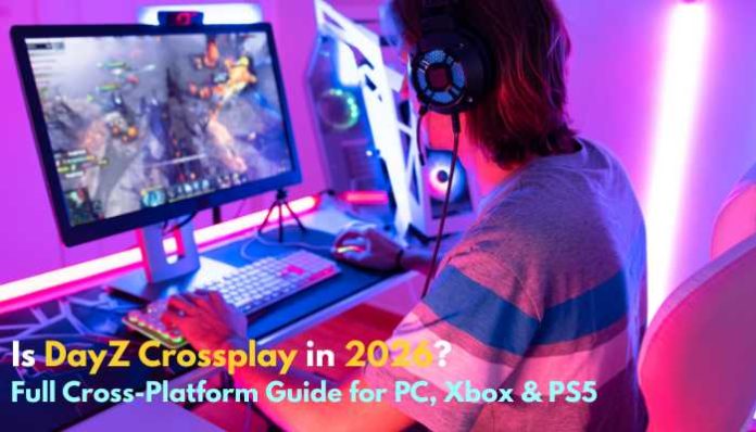 Is DayZ Crossplay guide image showing a gamer playing DayZ on PC, highlighting cross-platform support for PC, Xbox, and PS5.