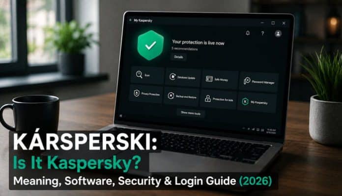 Kársperski cybersecurity software dashboard displayed on a laptop showing real-time protection status, antivirus security features, and 2026 digital threat defense interface for safe browsing and system security management