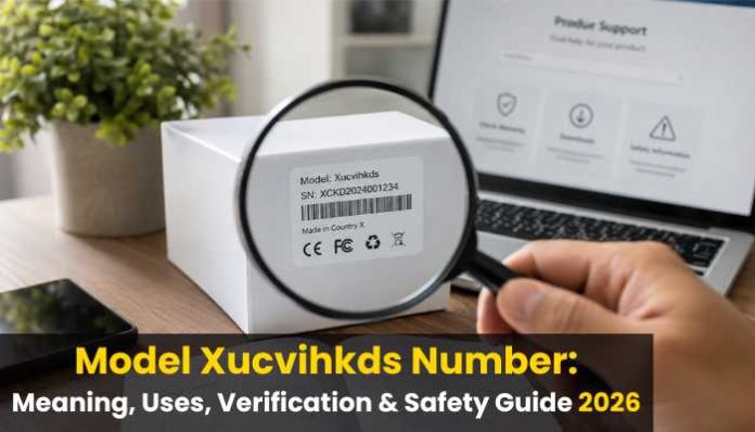 Model Xucvihkds Number label verification with barcode, manual, and product support screen for safe product identification.