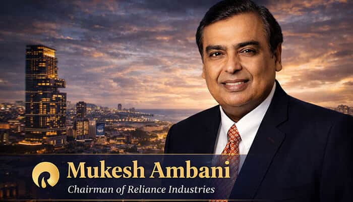 Mukesh Ambani - Startupeditor | Startup Editor Mukesh Ambani, Chairman of Reliance Industries, standing confidently in front of the Mumbai skyline. Ambani is one of the wealthiest people in the world, known for transforming the Indian telecom sector