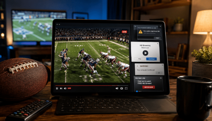 NFLBite review 2026 showing NFL streaming on a laptop with a football and safety warning screen