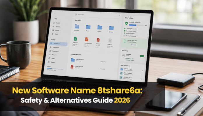 New Software Name 8tshare6a safety and alternatives guide shown on a laptop with software dashboard and workspace setup.