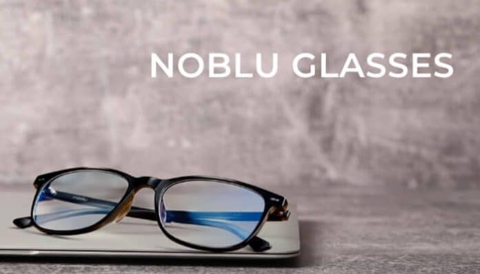 Noblu Glasses displayed on a modern laptop surface featuring blue light filtering eyewear designed for digital eye protection, symbolizing advanced anti-blue light lens technology that reduces eye strain, supports sleep quality, and enhances visual comfort for heavy screen users in today’s digital lifestyle.