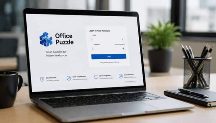 Office Puzzle Login concept showing a laptop screen displaying the Office Puzzle authentication page with email and password fields, representing secure enterprise access, centralized workforce management, cloud-based login system, and modern Office Puzzle Login workflow designed for protected business communication and digital workspace integration.
