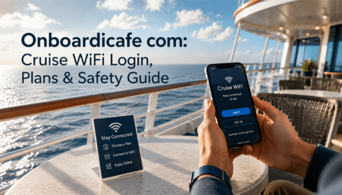 Onboardicafe com cruise WiFi login guide showing a passenger using a phone on a cruise ship deck to access onboard internet plans safely.