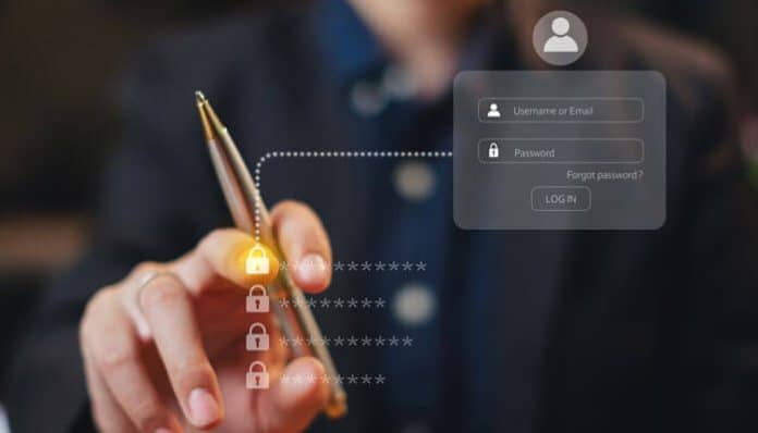 A person interacting with a password field on a laptop, showcasing a Random Password Generator with secure lock icons next to password entries.