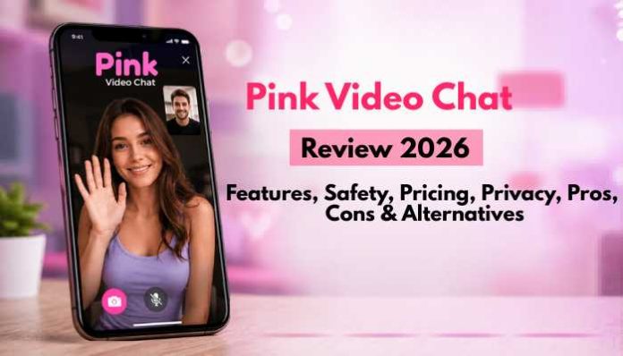 Pink Video Chat Review 2026 featured image showing a smartphone video chat screen with review details about features, safety, pricing, privacy, pros, cons, and alternatives.
