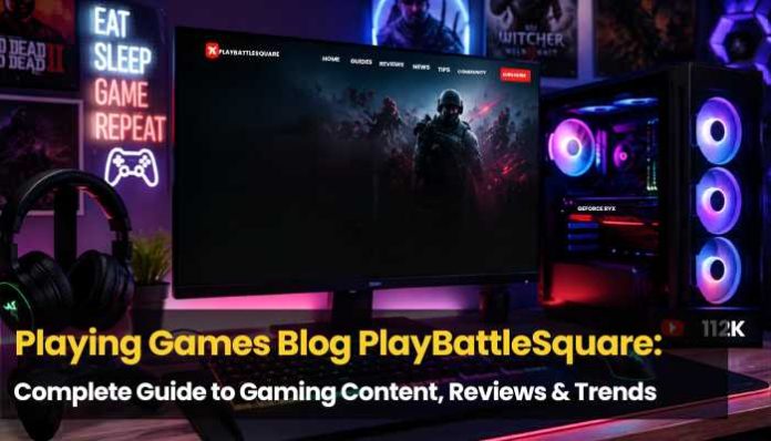 RGB gaming setup displaying the Playing Games Blog PlayBattleSquare website with Minecraft guides, FPS gaming tips, browser gaming content, and gaming gear reviews on a modern gaming PC.